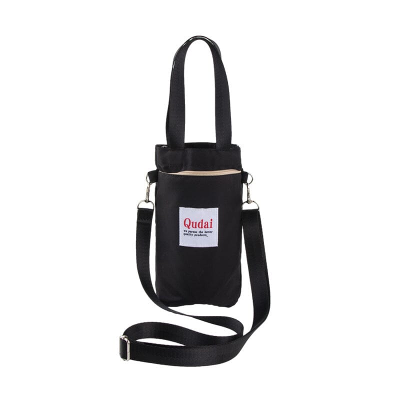 Borsa a tracolla nera in nylon con tasca frontale e logo "Qudai", design compatto e moderno, ideale per uso quotidiano e viaggi.