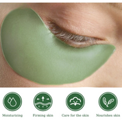 Maschera occhi idratante verde su pelle, riduce gonfiore e occhiaie. Cura della pelle, effetto rassodante e nutriente. Patch occhi skincare.