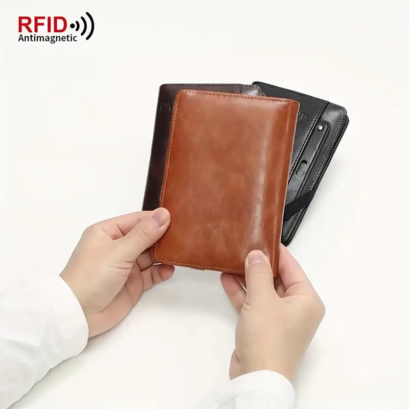 Portafoglio in pelle marrone con protezione RFID, design elegante e compatto, ideale per carte di credito e documenti. Accessorio uomo di alta qualità.
