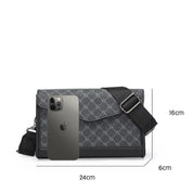 Borsa a tracolla grigia con motivo geometrico, dimensioni 24x16x6 cm, accanto a uno smartphone. Accessorio moda elegante e pratico.