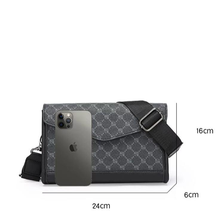 Borsa a tracolla grigia con motivo geometrico, dimensioni 24x16x6 cm, accanto a uno smartphone. Accessorio moda elegante e pratico.