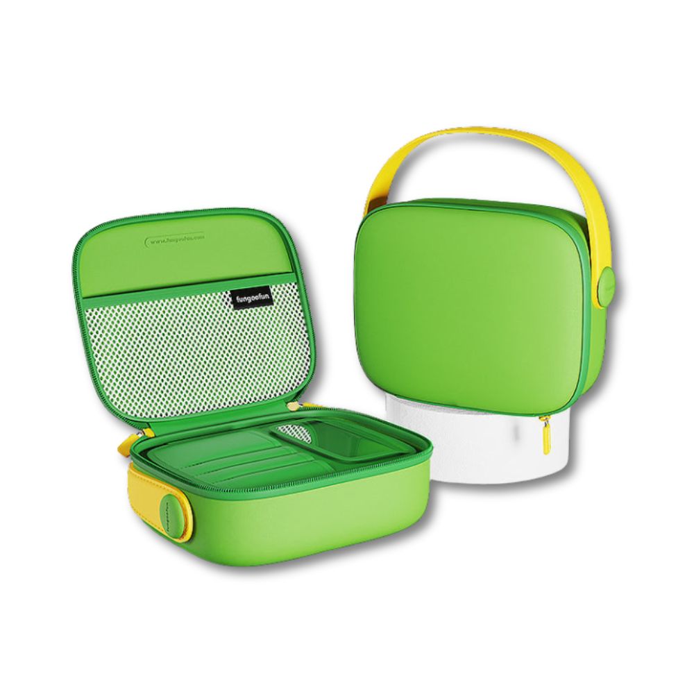 Lunch box verde e gialla con manico, design moderno, interno spazioso e tasca a rete. Ideale per scuola e ufficio, portapranzo termico.