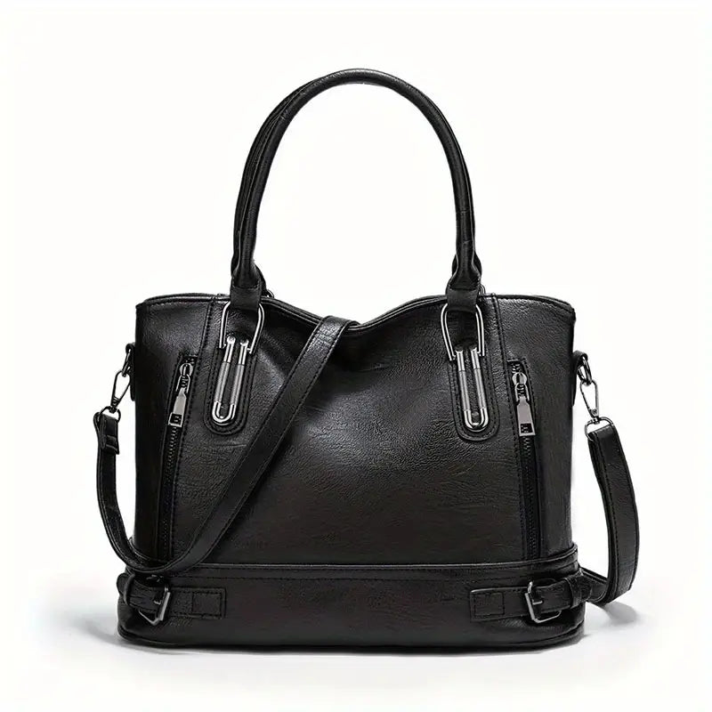 Borsa a mano in pelle nera con doppio manico e tracolla regolabile, design elegante con cerniere decorative, ideale per moda donna.