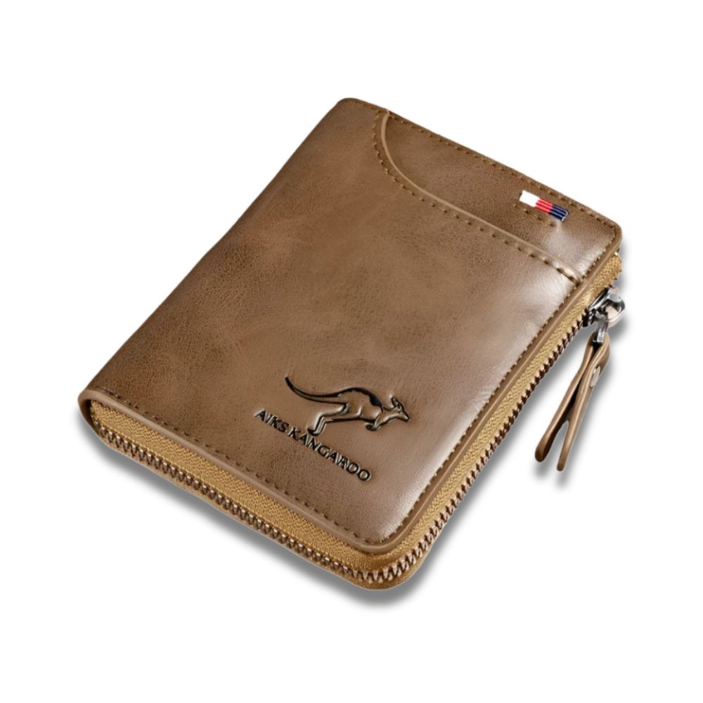 Portafoglio in pelle marrone con cerniera, logo canguro, design compatto, elegante e funzionale, ideale per uomo, accessorio moda di qualità.