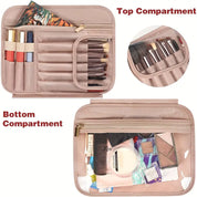 Astuccio organizer per trucchi in pelle rosa con scomparti per pennelli, rossetti e cosmetici. Ideale per viaggio e organizzazione trucco.
