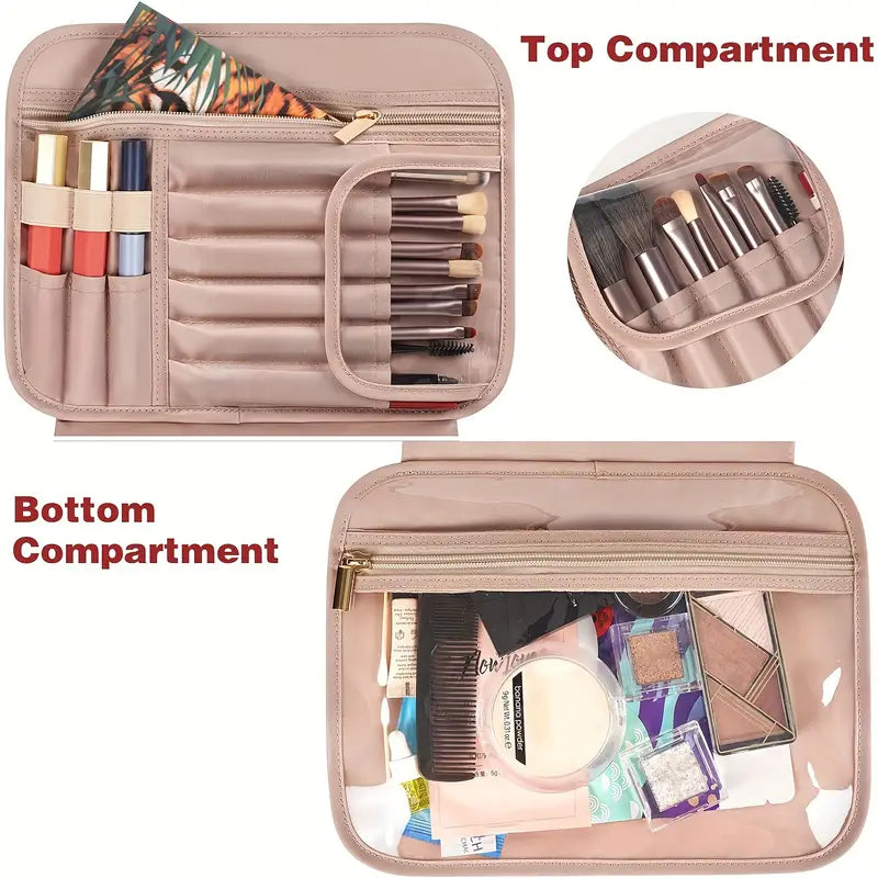 Astuccio organizer per trucchi in pelle rosa con scomparti per pennelli, rossetti e cosmetici. Ideale per viaggio e organizzazione trucco.