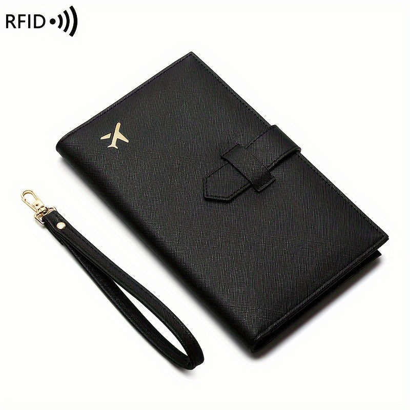 Portafoglio nero in pelle con protezione RFID, cinturino rimovibile e chiusura a fibbia. Design elegante, ideale per uomo e donna.
