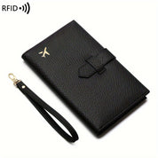 Portafoglio nero in pelle con protezione RFID, cinturino rimovibile e chiusura a fibbia. Design elegante, ideale per uomo e donna.