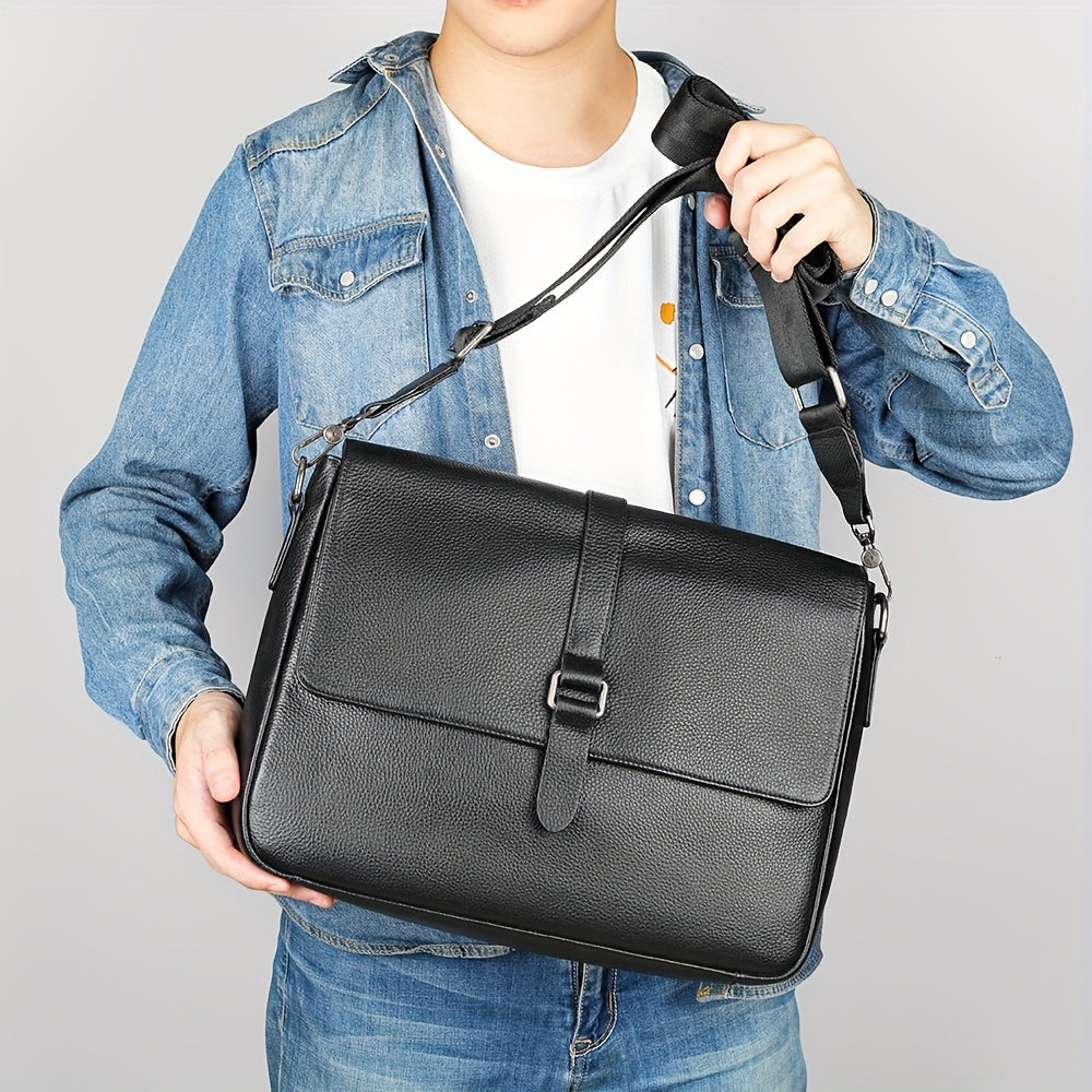 Uomo con borsa a tracolla in pelle nera, design elegante e moderno, indossa camicia di jeans. Accessorio moda maschile, ideale per lavoro.