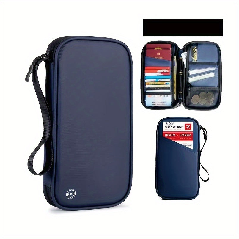 Custodia da viaggio blu con cerniera, tasche interne per passaporto, carte di credito, monete e penne. Ideale per organizzare documenti e accessori.