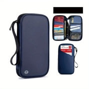 Custodia da viaggio blu con cerniera, tasche interne per passaporto, carte di credito, monete e penne. Ideale per organizzare documenti e accessori.
