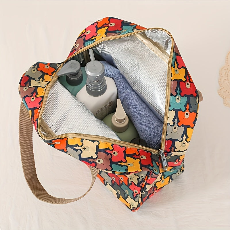 Borsa termica colorata con motivo a gatti, contenente flaconi di cosmetici e asciugamano. Ideale per viaggi, picnic, mantenimento temperatura.
