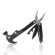 Utensile multifunzione nero con martello, pinze, coltello e apribottiglie. Strumento compatto per campeggio e fai da te. Accessorio versatile.