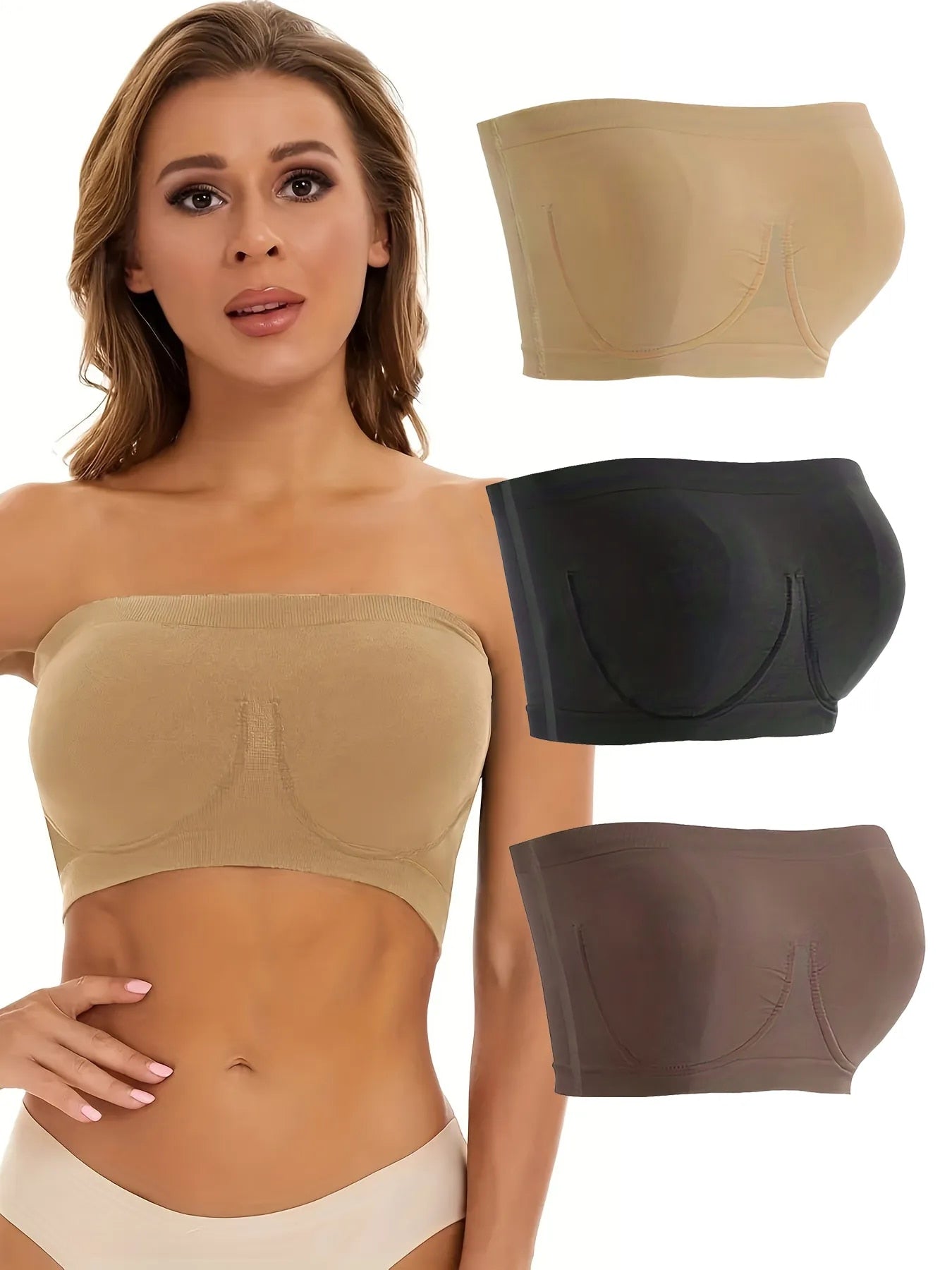 Donna indossa reggiseno senza spalline beige, con tre reggiseni bandeau in nero, marrone e beige a lato. Intimo donna, comfort, supporto.