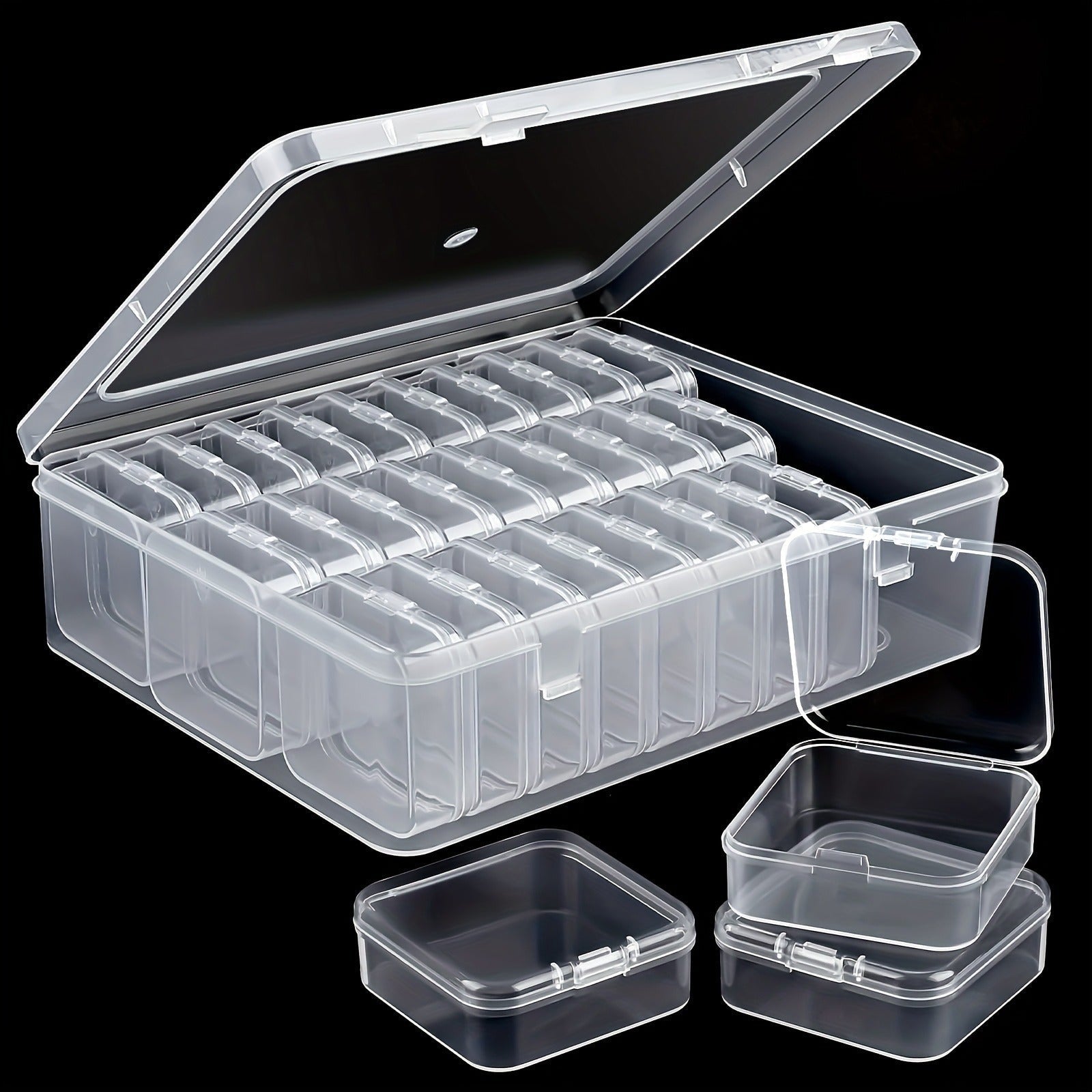 Contenitore trasparente in plastica con coperchio, divisori interni, ideale per organizzare piccoli oggetti, accessori artigianali, perline.