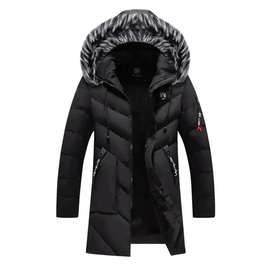 Giacca invernale nera con cappuccio in pelliccia sintetica, design trapuntato, chiusura a zip, tasche laterali, ideale per climi freddi.