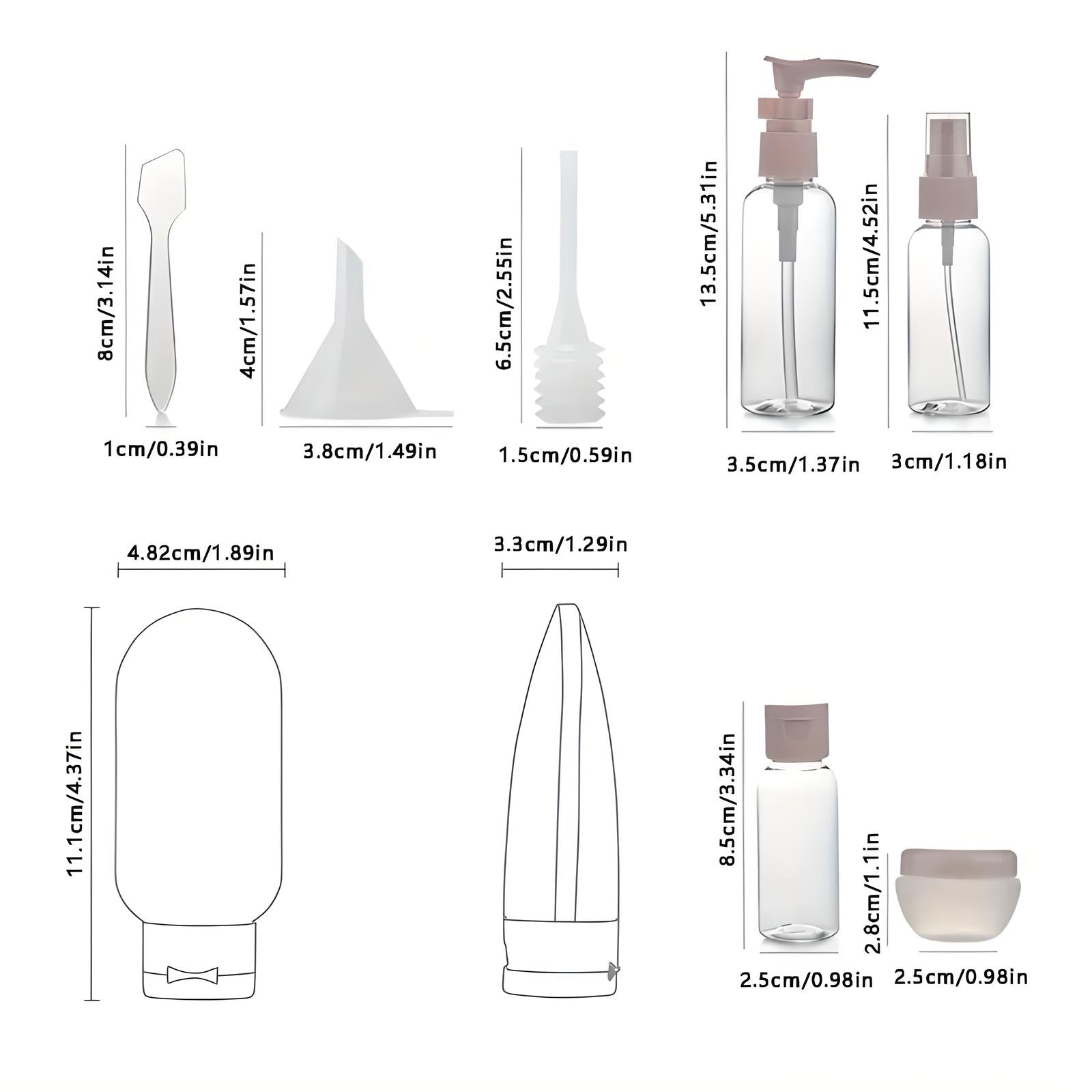 Set di bottiglie da viaggio trasparenti con dispenser, tappi a vite e accessori per cosmetici. Misure in cm e pollici. Ideale per viaggi aerei.