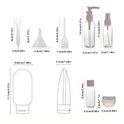 Set di bottiglie da viaggio trasparenti con dispenser, tappi a vite e accessori per cosmetici. Misure in cm e pollici. Ideale per viaggi aerei.