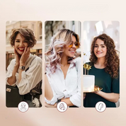 Tre donne sorridenti con diversi stili di capelli: corti e mossi, lunghi e ondulati, ricci. Moda capelli, tendenze acconciature femminili.
