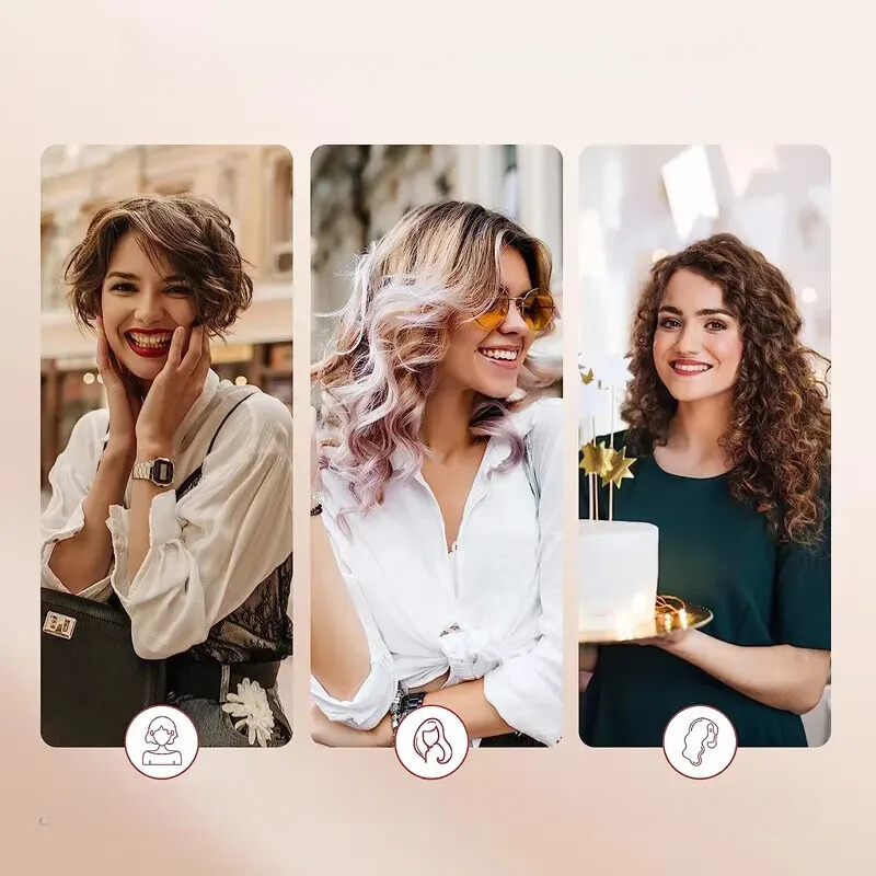 Tre donne sorridenti con diversi stili di capelli: corti e mossi, lunghi e ondulati, ricci. Moda capelli, tendenze acconciature femminili.