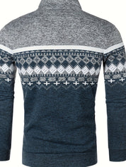 Maglione uomo invernale blu con motivo nordico bianco e grigio, collo alto, maniche lunghe, ideale per look casual e caldi.