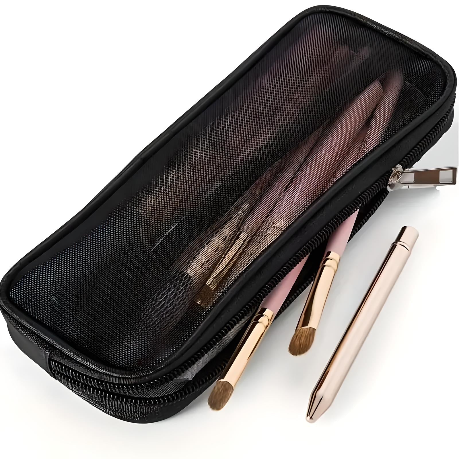 Astuccio nero con cerniera contenente pennelli da trucco rosa e oro, ideale per cosmetici, accessori make-up, organizzazione viaggio.