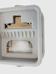 Dispenser detersivo lavastoviglie, scomparti asciugatura e lavaggio, plastica grigia, elettrodomestico cucina, ricambio lavastoviglie.