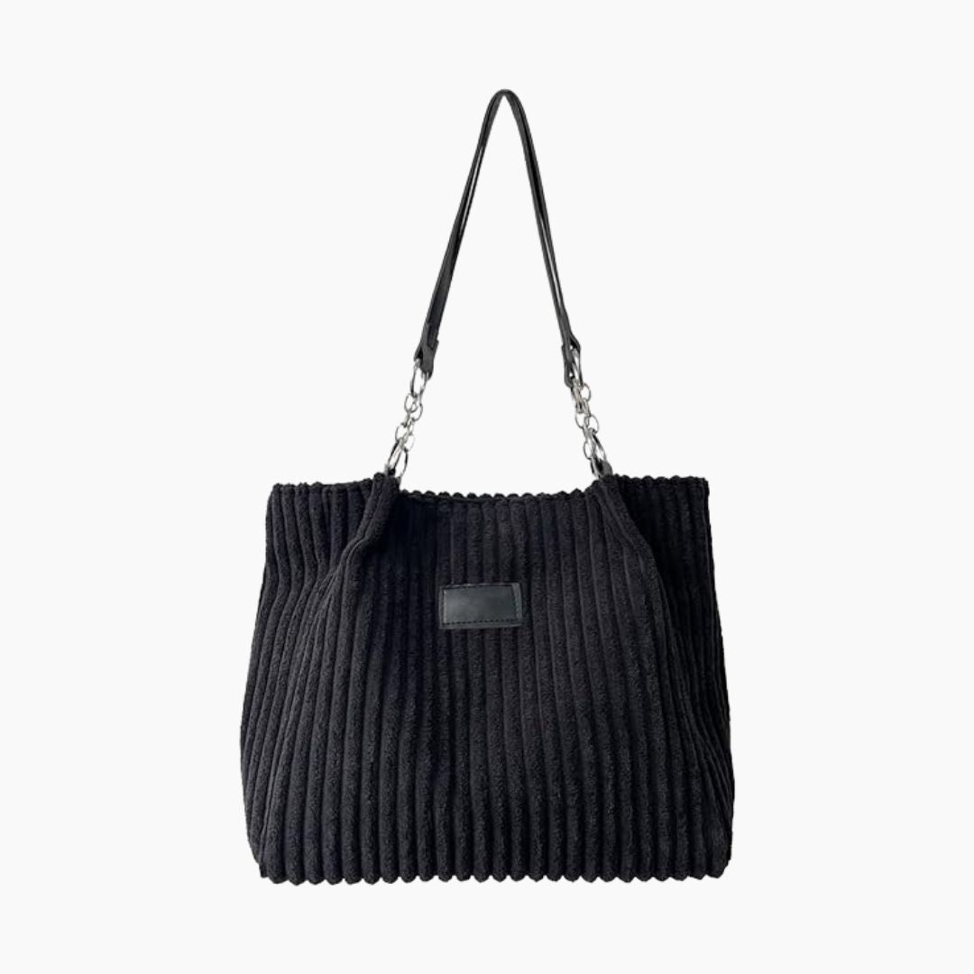 Borsa a spalla nera in velluto a coste con manici in pelle e catena, design elegante e moderno, perfetta per moda autunno inverno.