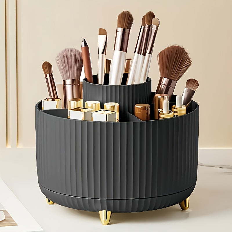 Porta trucchi nero elegante con pennelli e rossetti, design moderno, ideale per organizzare cosmetici su tavolo da trucco. Accessorio beauty essenziale.