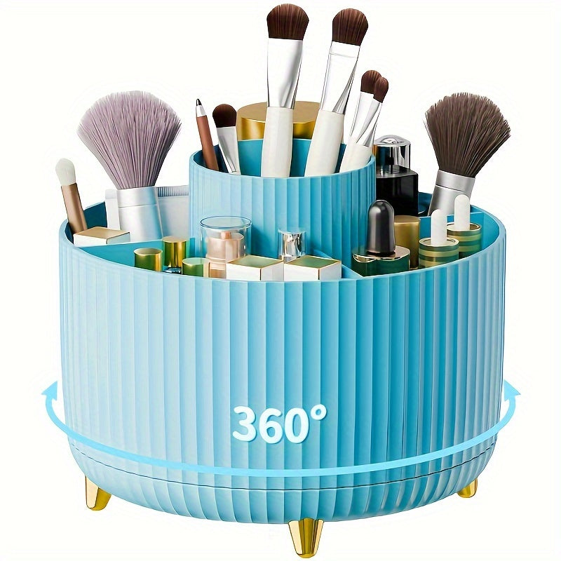 Organizzatore trucco rotante 360 gradi, blu, con pennelli e cosmetici. Design moderno, ideale per bagno o toeletta. Accessorio bellezza pratico.