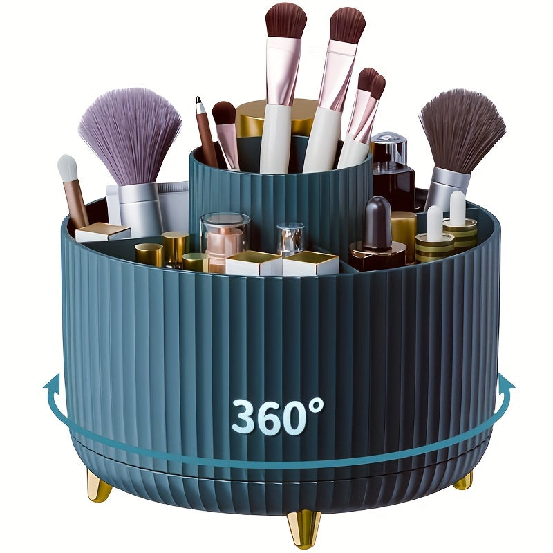 Organizzatore trucco rotante 360 gradi, porta pennelli e cosmetici, design elegante blu, ideale per bagno e toeletta, accessorio bellezza.