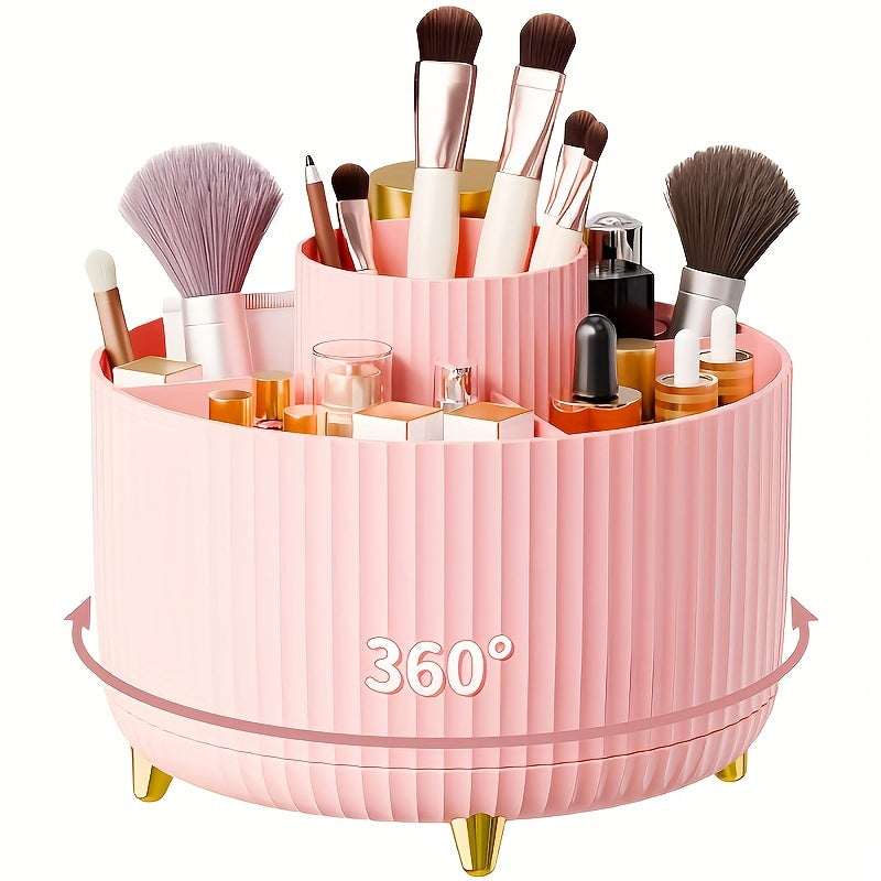 Organizzatore trucco rotante 360 gradi rosa, porta pennelli e cosmetici, design elegante, ideale per bagno e toeletta, accessorio bellezza.
