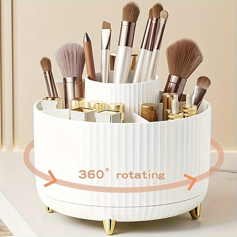 Porta trucchi rotante a 360 gradi, bianco, con scomparti per pennelli e cosmetici. Organizer da toeletta elegante e funzionale per il trucco.