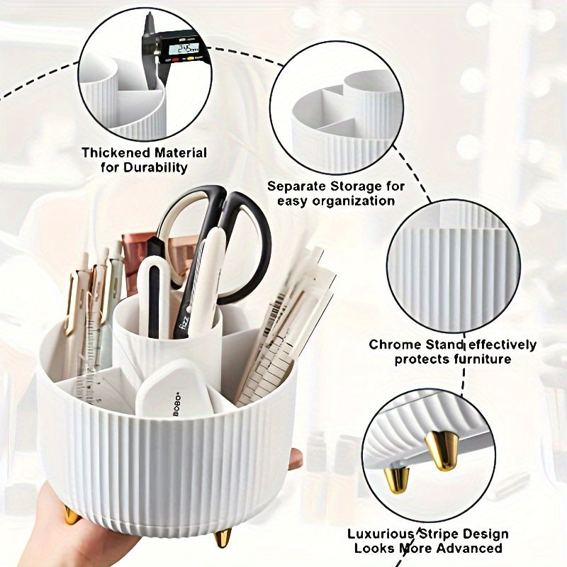 Organizer da scrivania bianco con design a righe, scomparti separati, materiale resistente, supporto cromato e piedini dorati. Accessori ufficio eleganti.