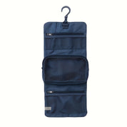 Organizer da viaggio blu con gancio, tasche a rete e zip. Ideale per cosmetici e accessori. Design compatto e pieghevole per valigie.