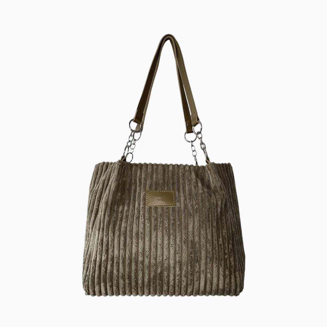Borsa a spalla in velluto marrone con manici in pelle, design a coste, elegante e versatile, perfetta per moda donna e accessori autunno inverno.
