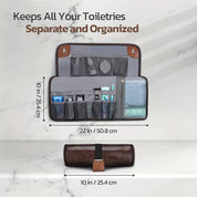 Astuccio da viaggio per articoli da toeletta, aperto e chiuso, con scomparti multipli, dimensioni 22x10 pollici, design elegante in pelle marrone.