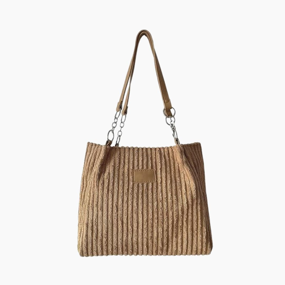 Borsa a spalla in tessuto intrecciato beige con manici in pelle e catena, design elegante e versatile, perfetta per moda donna e shopping.