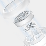 Esploso di un dispositivo elettrico per la rimozione dei pelucchi, con lame in acciaio inox e griglia protettiva, design moderno e compatto.