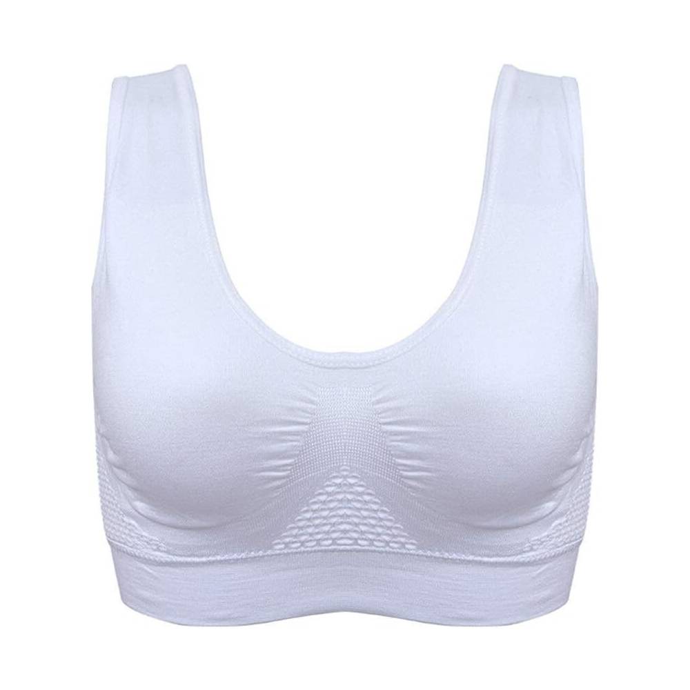 Reggiseno sportivo bianco senza cuciture, design a canotta, supporto confortevole, ideale per attività sportive e fitness.