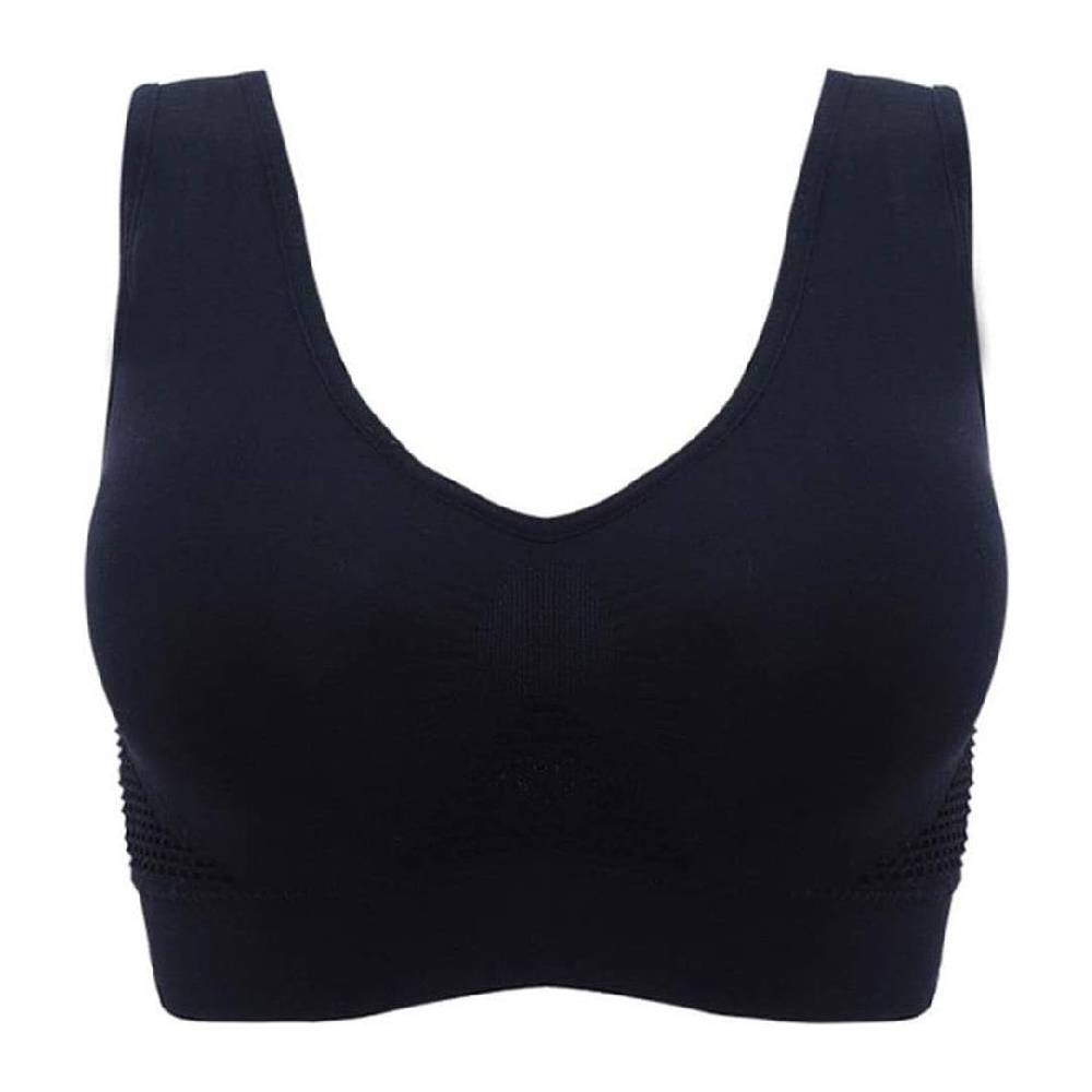 Reggiseno sportivo nero senza cuciture, design confortevole, supporto ottimale, ideale per attività fisica e uso quotidiano.