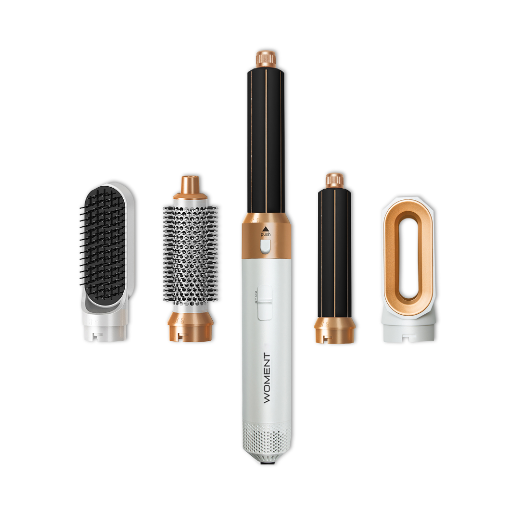 Set di styler per capelli multifunzione con accessori intercambiabili: spazzola lisciante, spazzola rotonda, arricciacapelli, asciugacapelli.