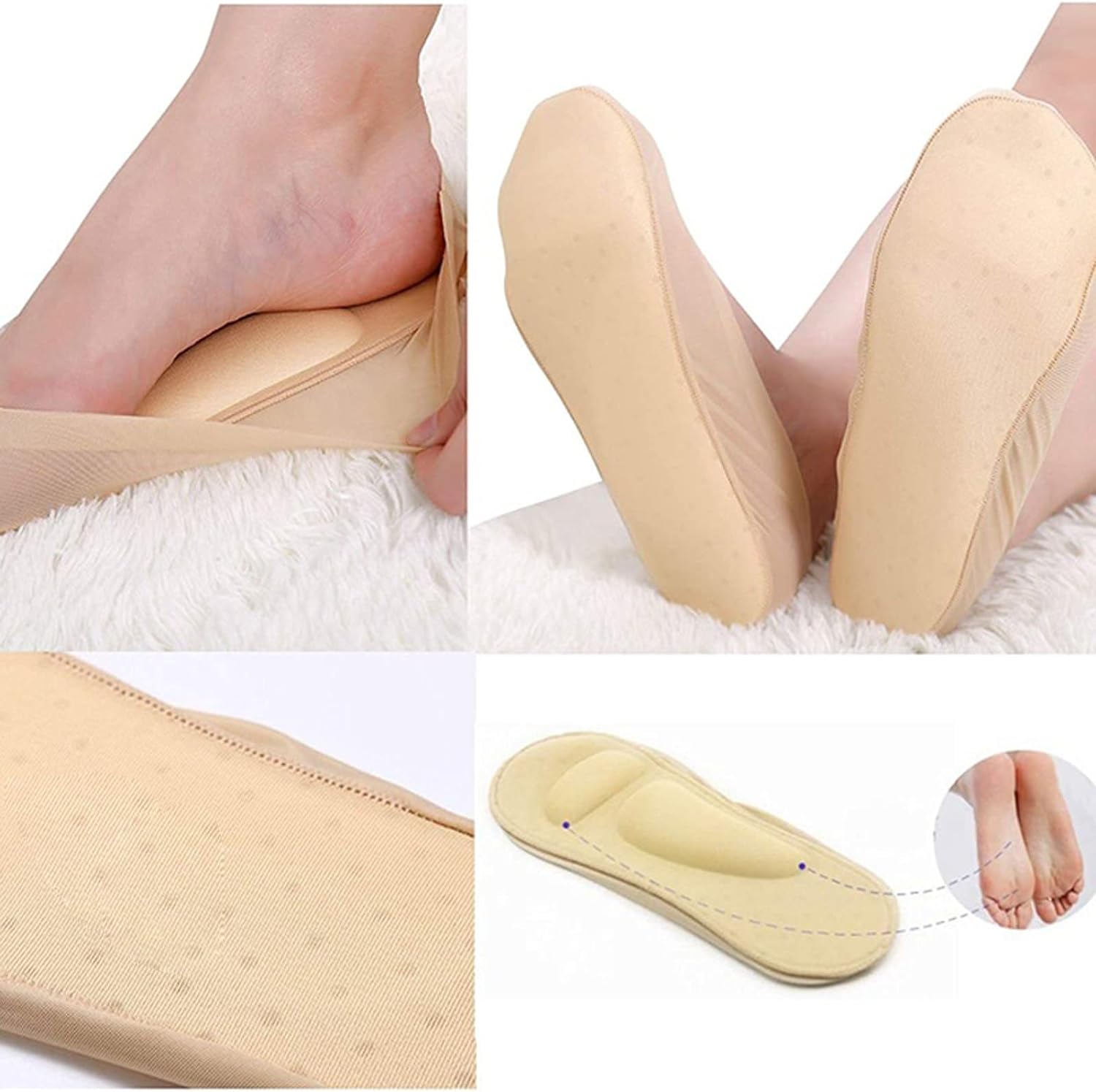 Calze antiscivolo beige per tallone, supporto plantare, comfort piedi, sollievo dal dolore, design ergonomico, ideale per uso quotidiano.