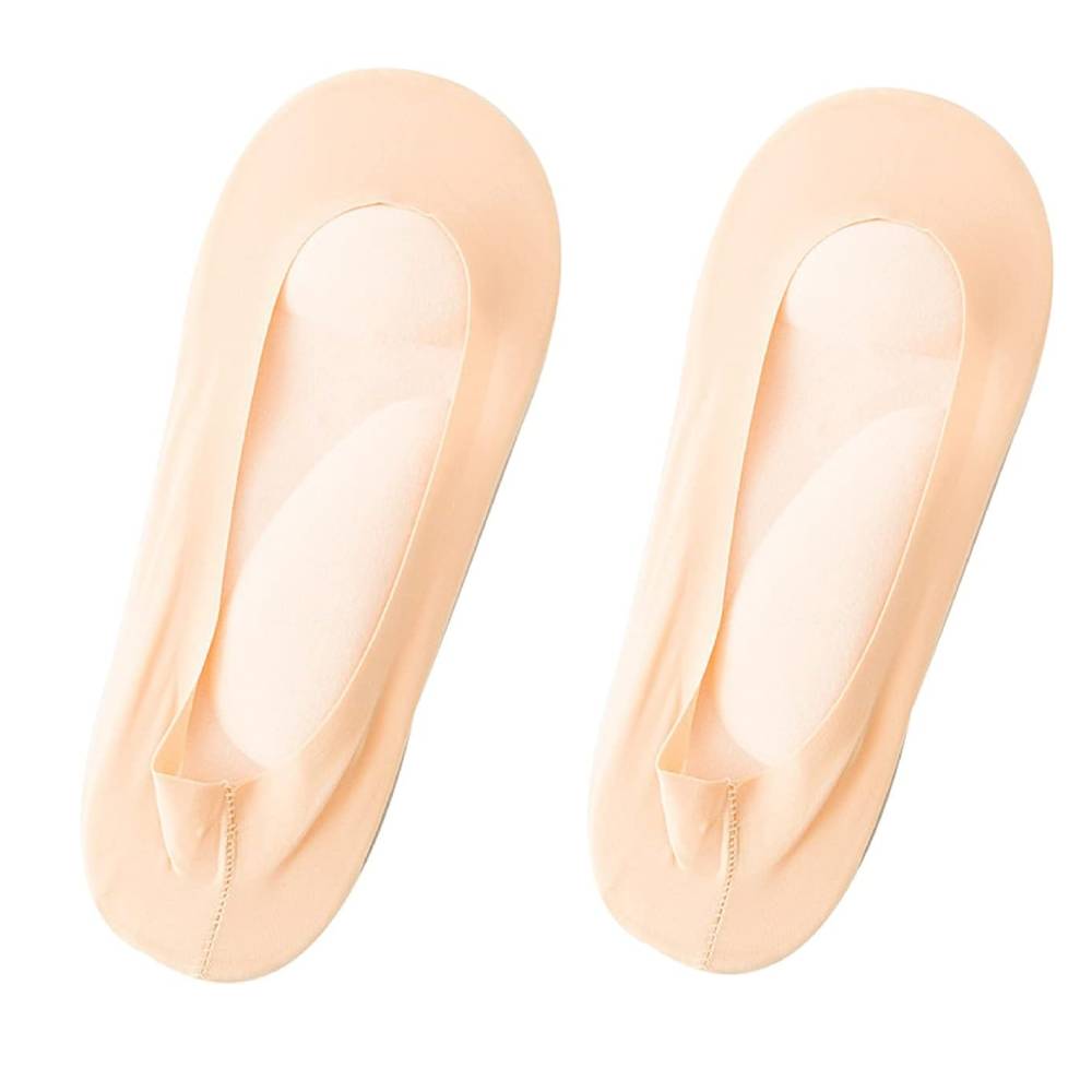 Due paia di calzini invisibili color carne, antiscivolo, senza cuciture, ideali per scarpe basse. Comfort e traspirabilità per uso quotidiano.