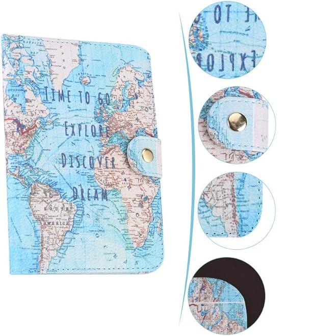 Custodia passaporto mappa del mondo, design vintage blu, chiusura a bottone, ideale per viaggiatori, accessorio viaggio, protezione documenti.