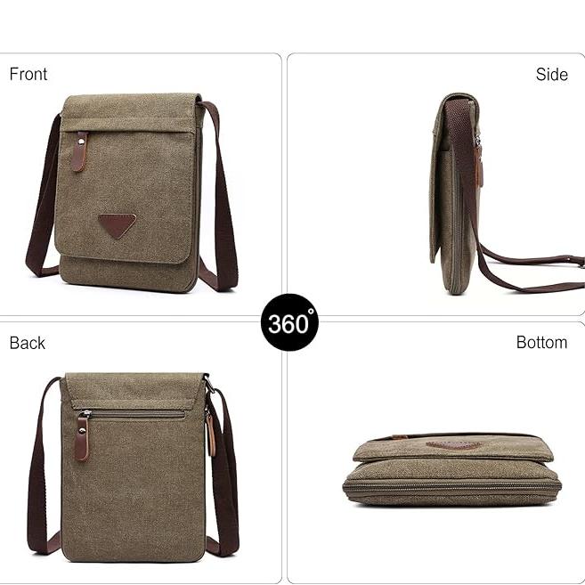 Borsa a tracolla in tela marrone, vista a 360 gradi. Design elegante e pratico, con tasca frontale e cerniera posteriore. Ideale per uomo e donna.