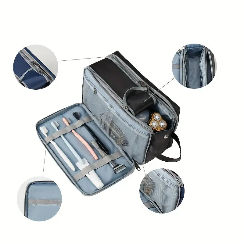 Borsa da viaggio nera e grigia con scomparti multipli, include spazzolini, dentifricio e accessori. Ideale per organizzazione e trasporto.