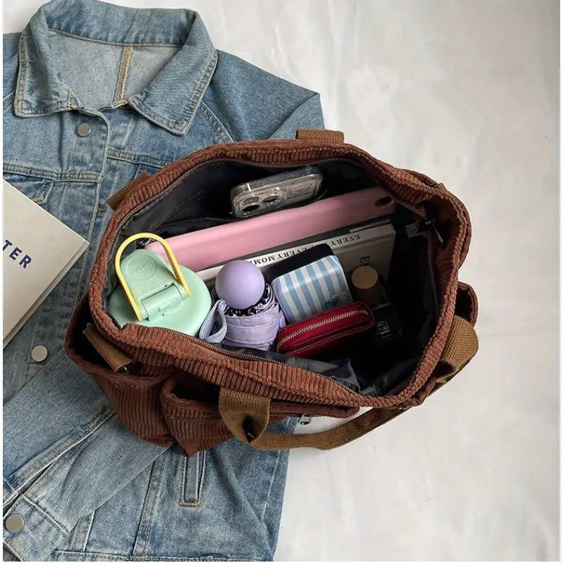 Borsa a tracolla marrone su giacca di jeans, contenente accessori vari come bottiglia d'acqua, astuccio, rossetto e smartphone. Accessori moda casual.
