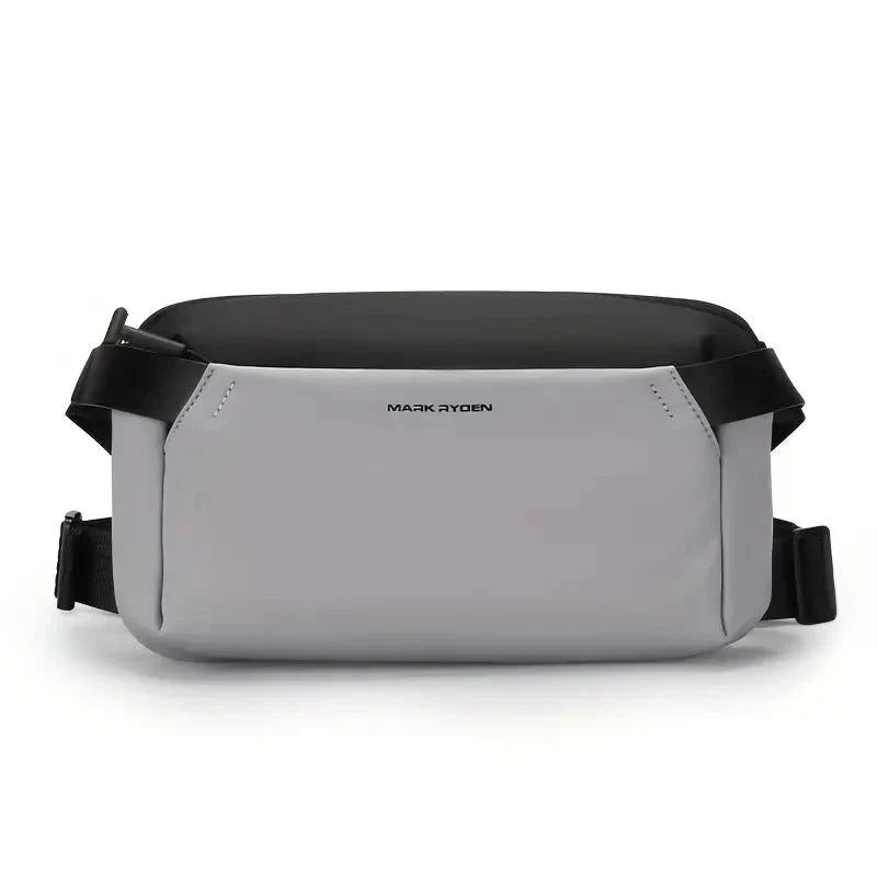 Marsupio unisex grigio e nero, design moderno, marchio Mak Rydon, ideale per viaggi e attività all'aperto, resistente e spazioso.
