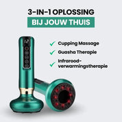 Dispositivo massaggio 3-in-1 verde con display LED, funzioni di massaggio coppettazione, terapia guasha e riscaldamento a infrarossi.